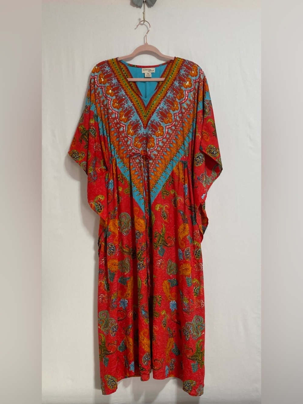 Boho Paisley Red & Turquoise Swim Coverup Kaftan